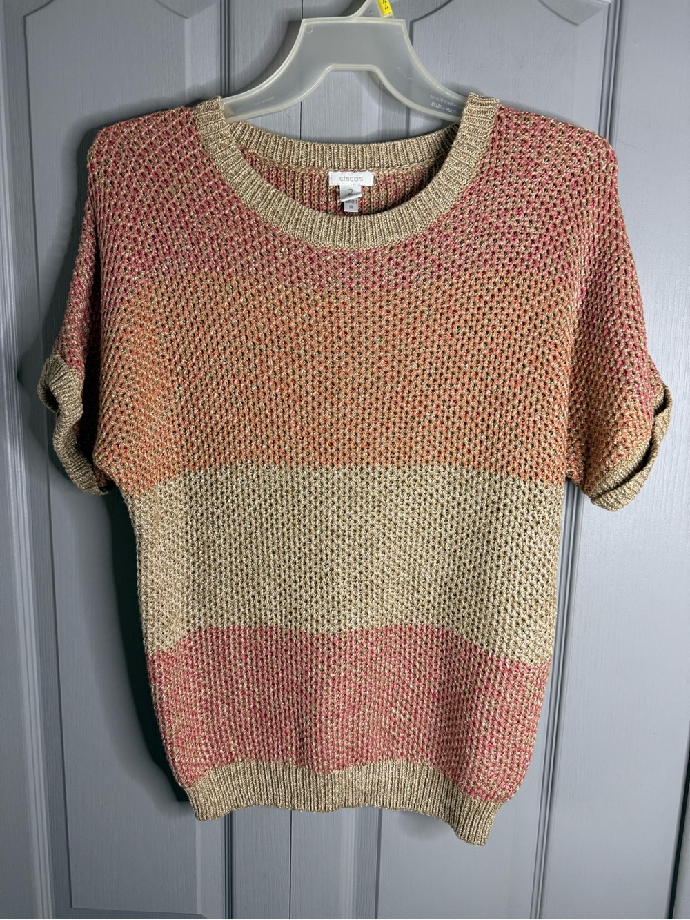 Chico's Pink and Cream Open-Weave Short-Sleeve Sweater
